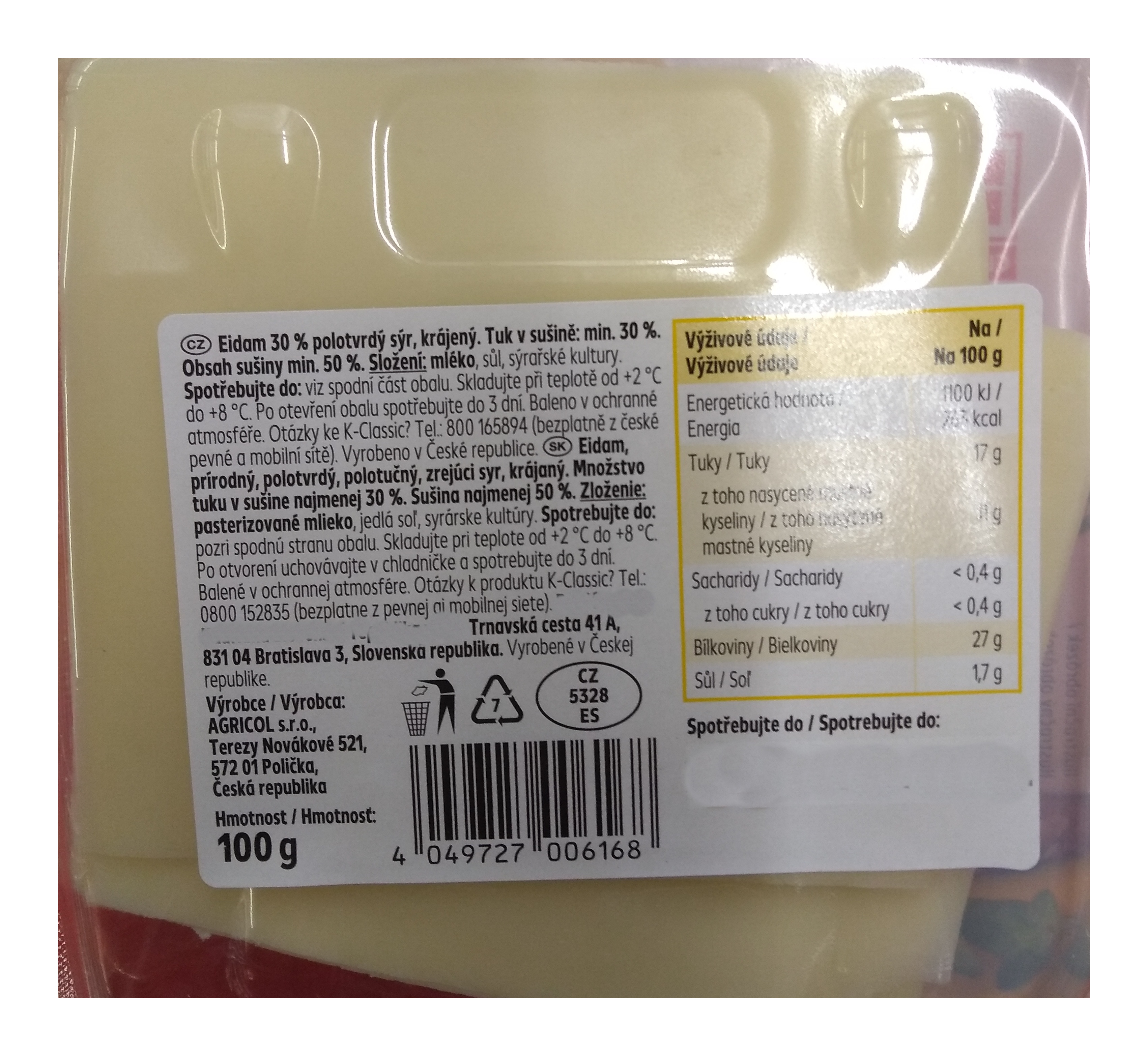 Eidam 45% plátky Madeta 100g