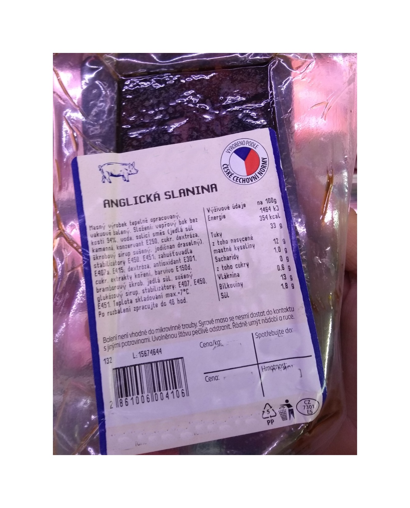 Anglická slanina lisovaná bloček cca 0,5kg