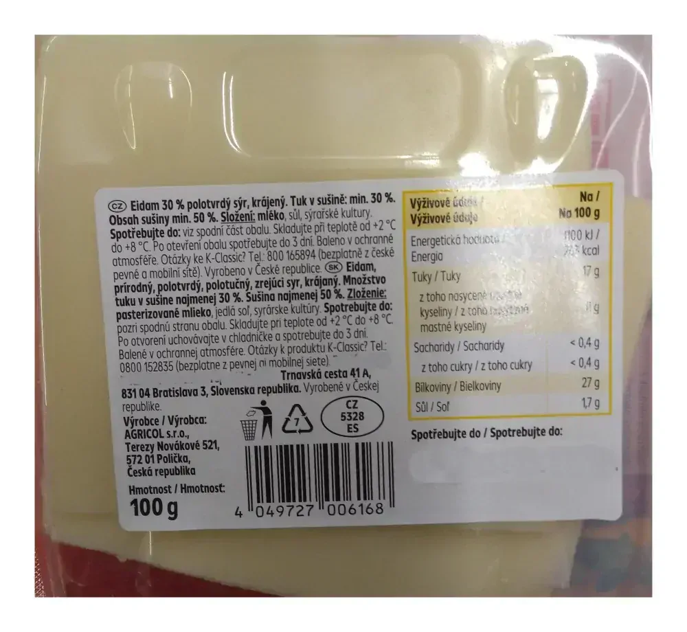 Eidam 30% plátky Agricol 100g