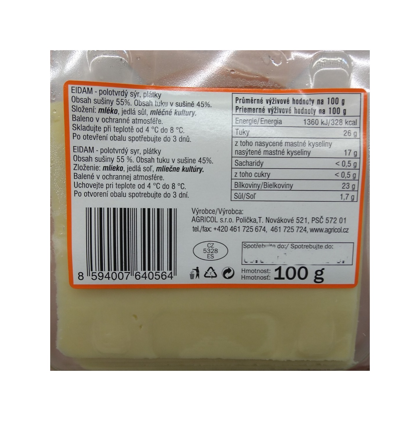 Eidam 45 % plátky Agricol 100g