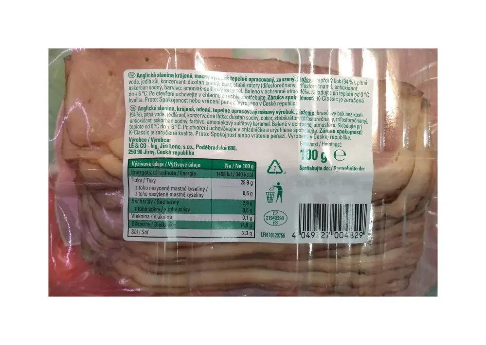 Anglická slanina krájená Jarm 94% 100g 
