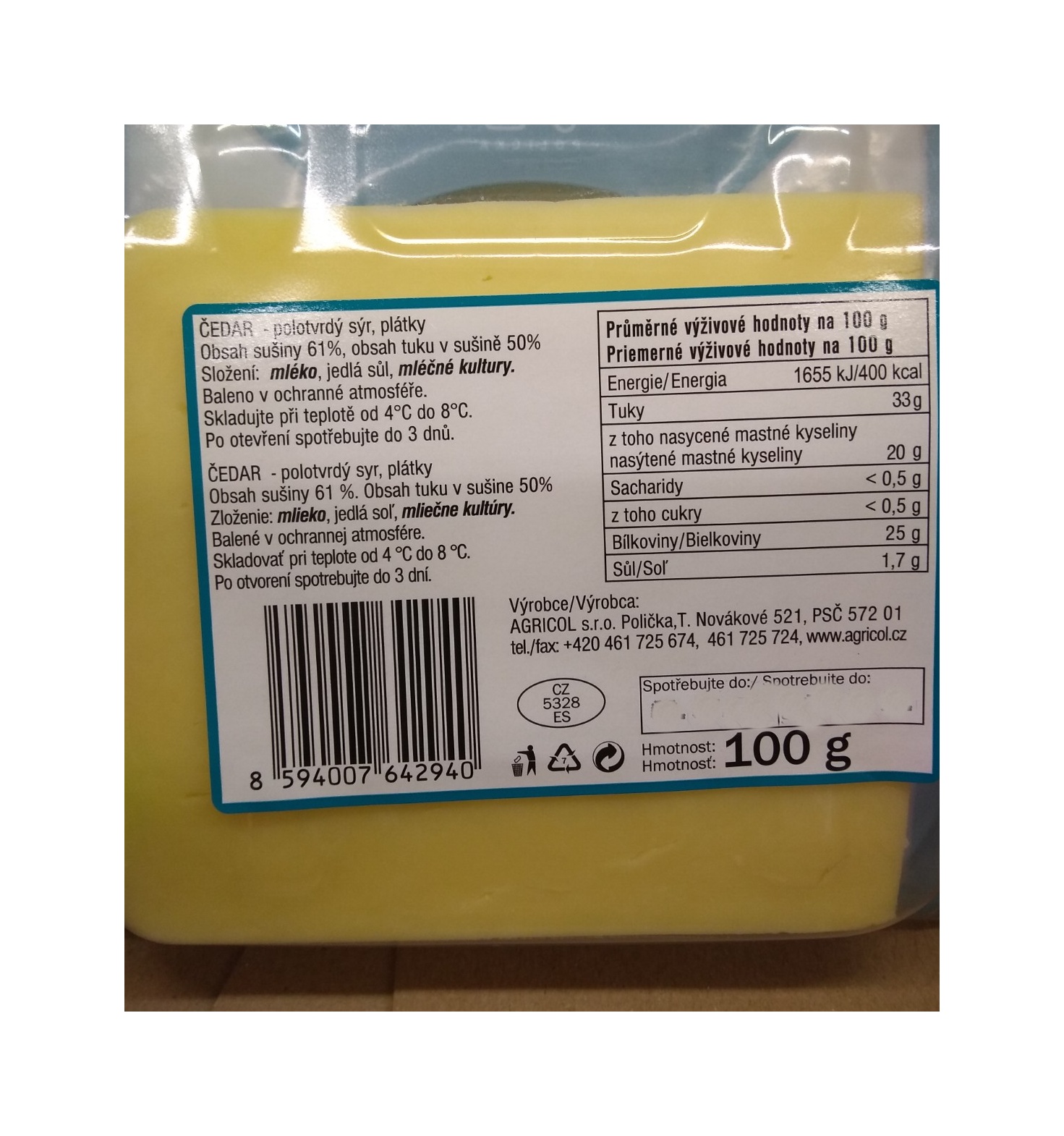 Čedar 50% plátky  100g