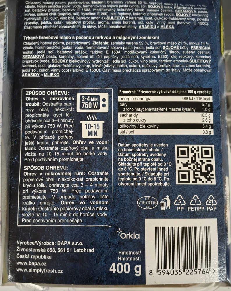 Trhané vepřové maso s pečenou mrkví a šťouchanými brambory 400g