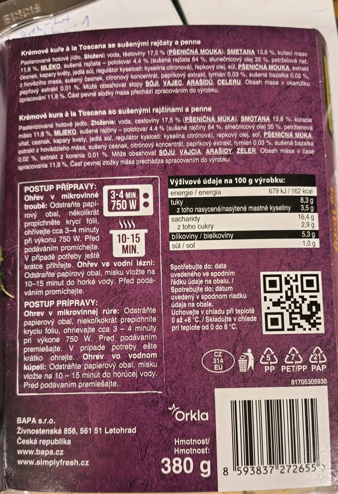 Krémové kuře a La Toscana s penne 380 g