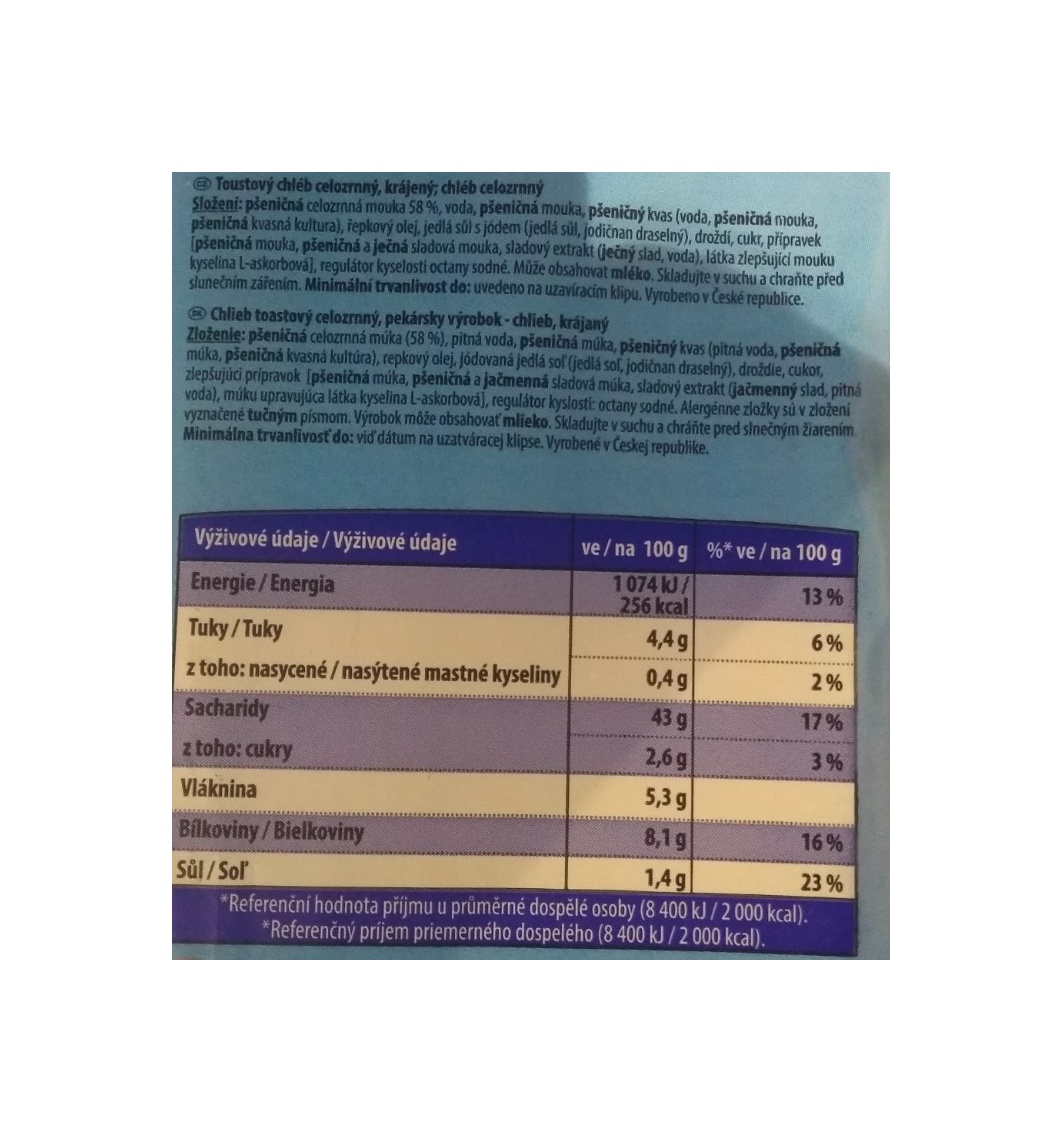 Toastový chleba tmavý balený 500g